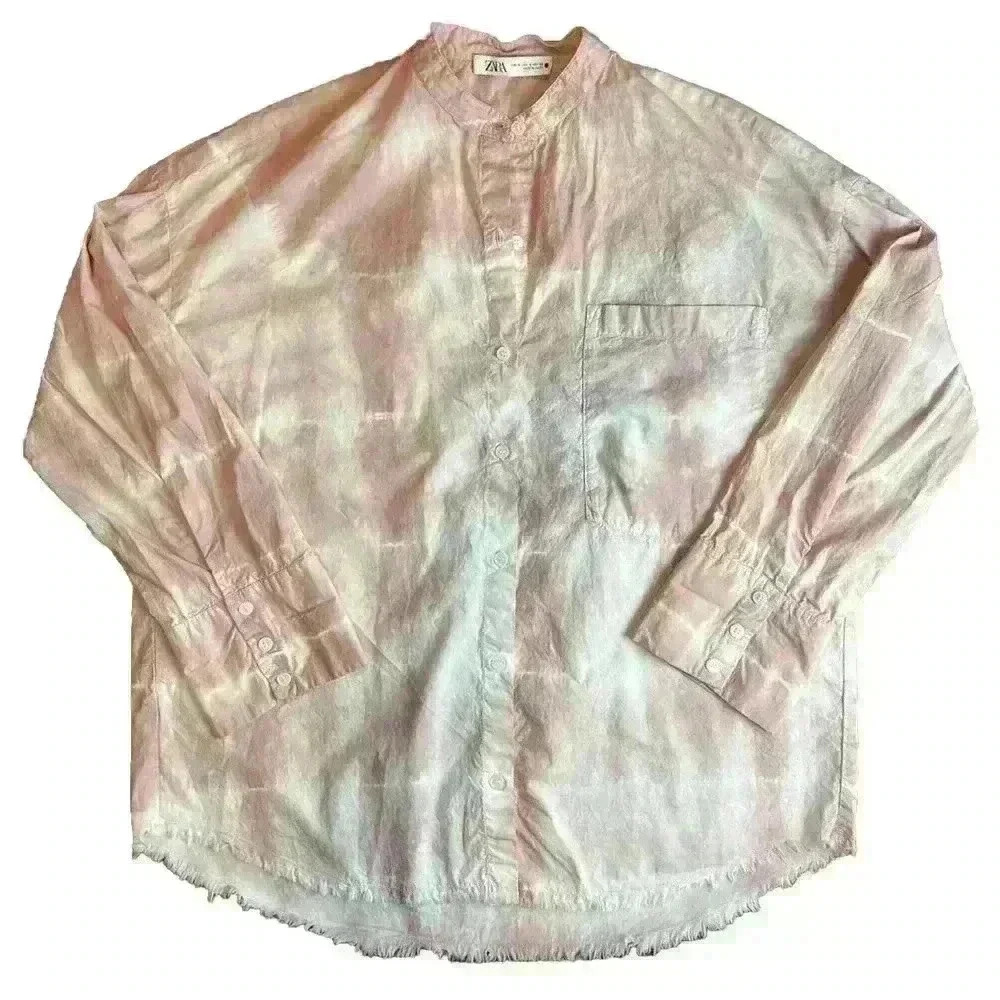 Zara Oversized Tie Dye Button Up Tunic Blouse Size Small Frayed Hem Pink White